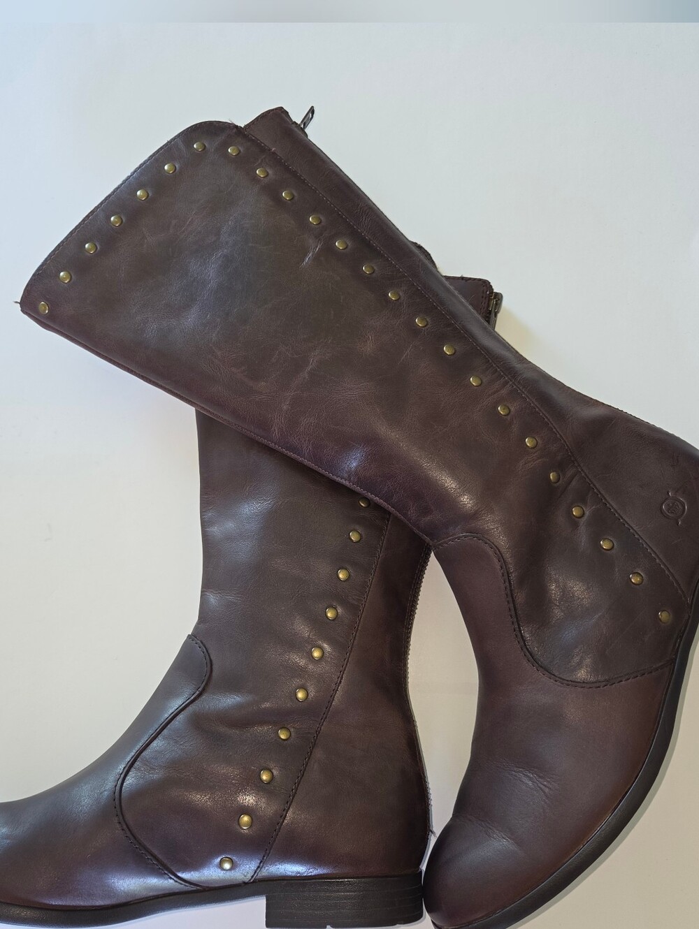 Born Leather Tall Riding Knee High Boots Brown Larson Stud Trim Festival 8.5 M
